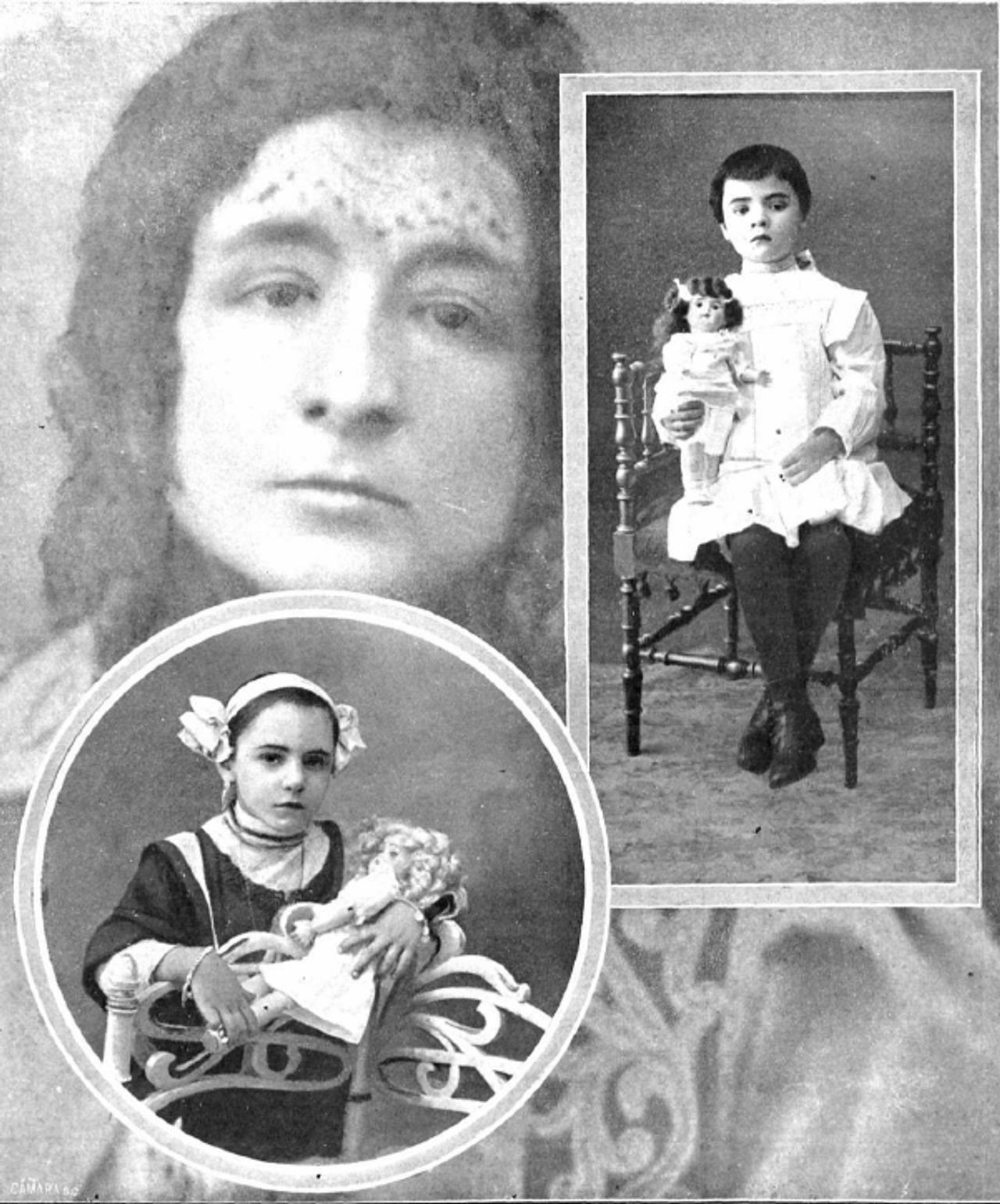 Montaje de fotografías de la asesina, secuestradora y proxeneta de niños española Enriqueta Martín, y sus dos últimas víctimas, las niñas Teresita Guitart Congost y Angelita. Fue publicado en 1912 con motivo de la detención de la criminal y consiguiente liberación de las niñas. Composición: Antoni Esplugas – Mundo Gráfico, número 20 de 13 de marzo de 1912, página 11, Dominio público